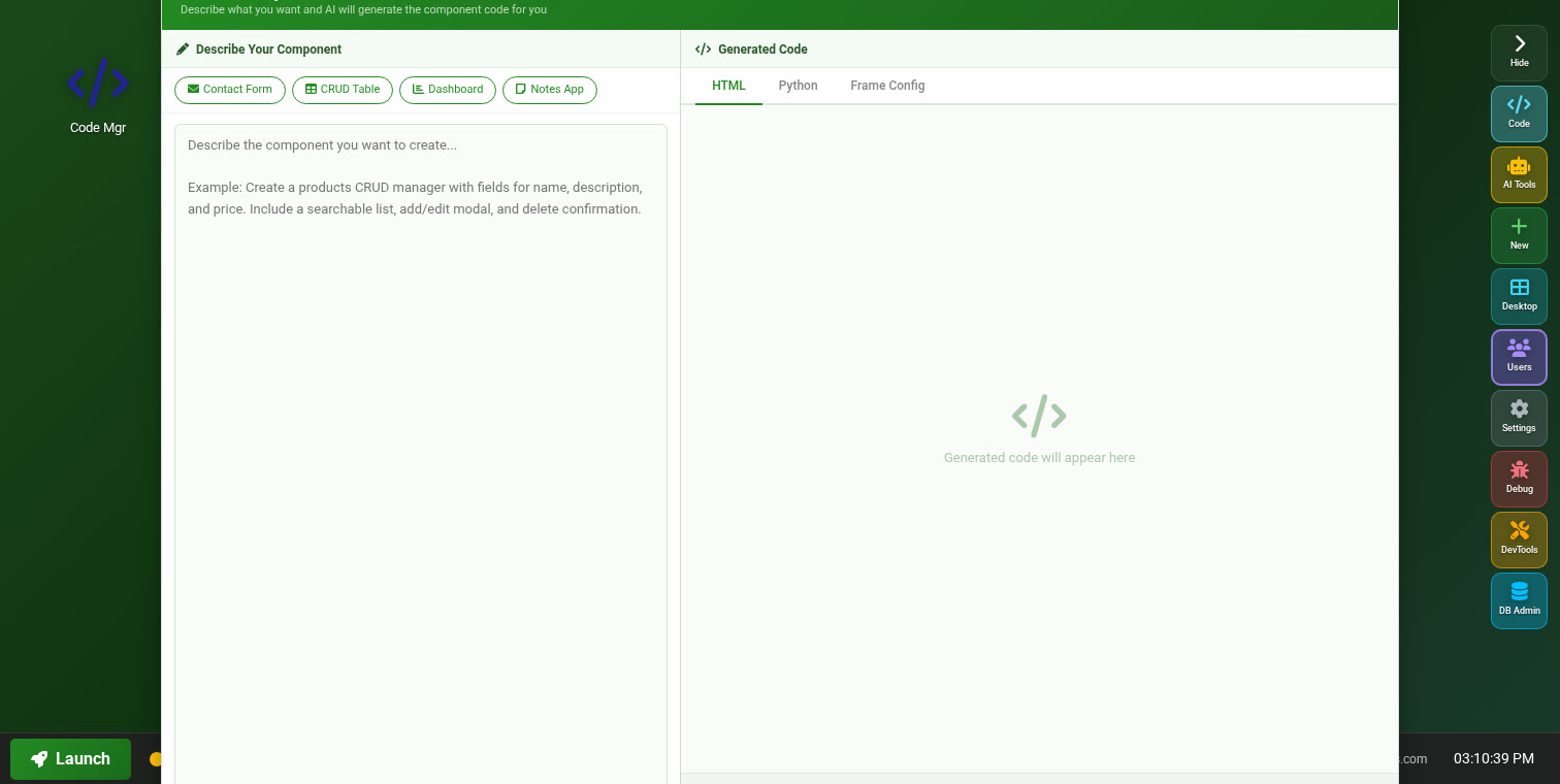 AI Component Builder with template shortcuts and generated code panel