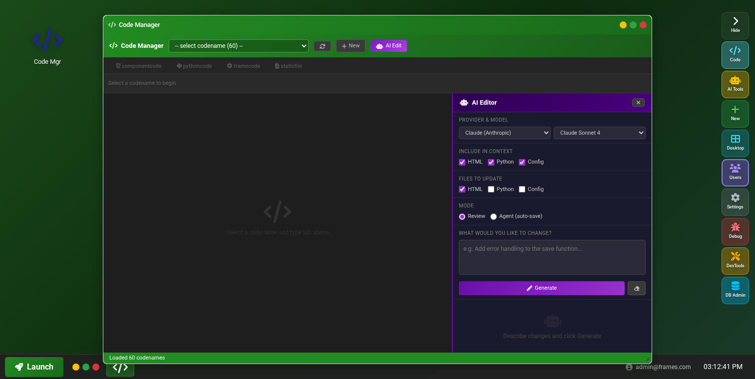 Code Manager with AI Editor showing Claude Sonnet integration