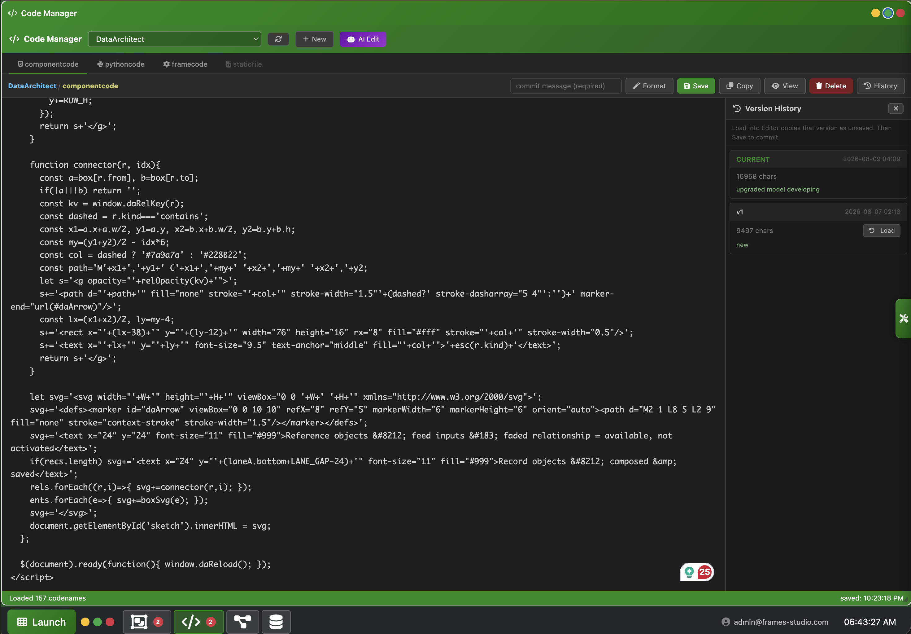 Code Manager: componentcode editor with commit message, Save/Format/Delete actions, and Version History panel showing multiple versions
