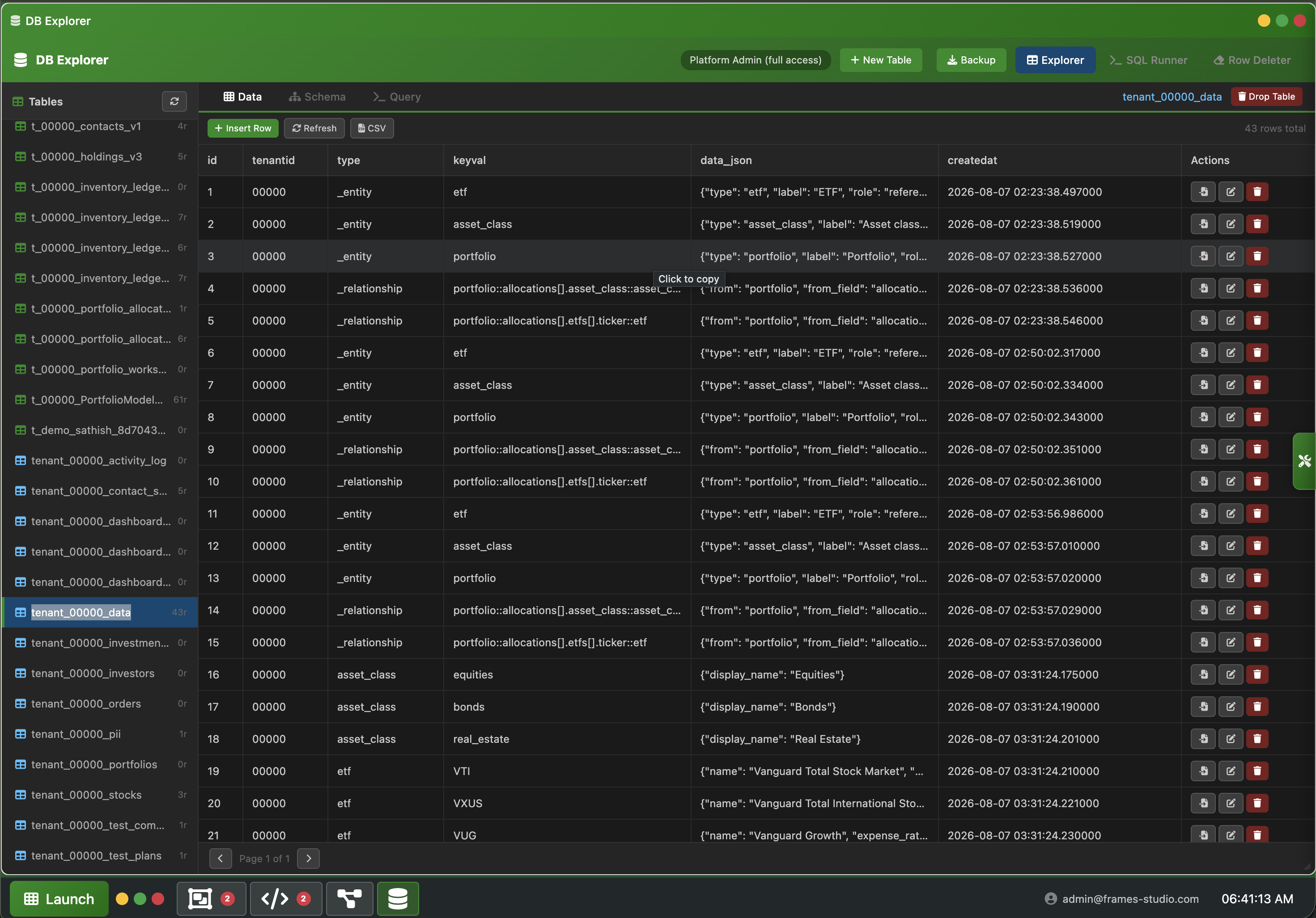 DB Explorer showing the Data tab with 43 rows in tenant_00000_data across id, tenantid, type, keyval, and data_json columns