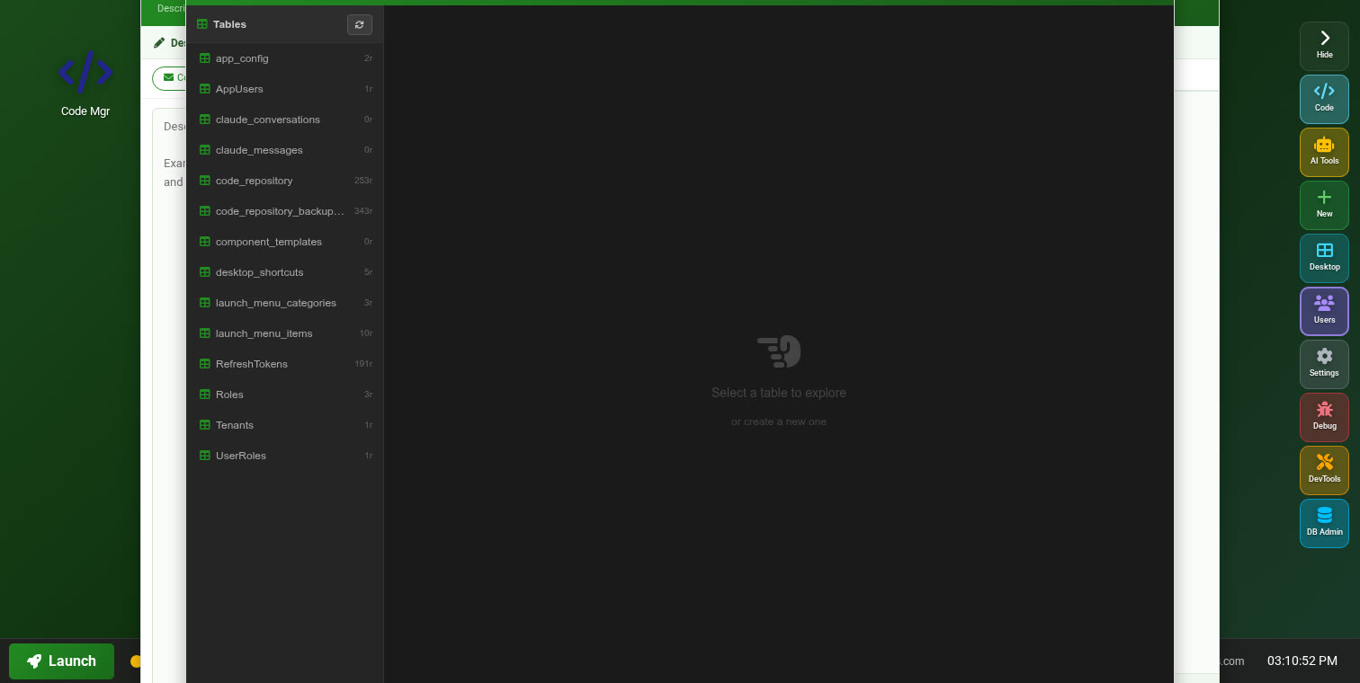 DB Explorer showing all 14 database tables with row counts