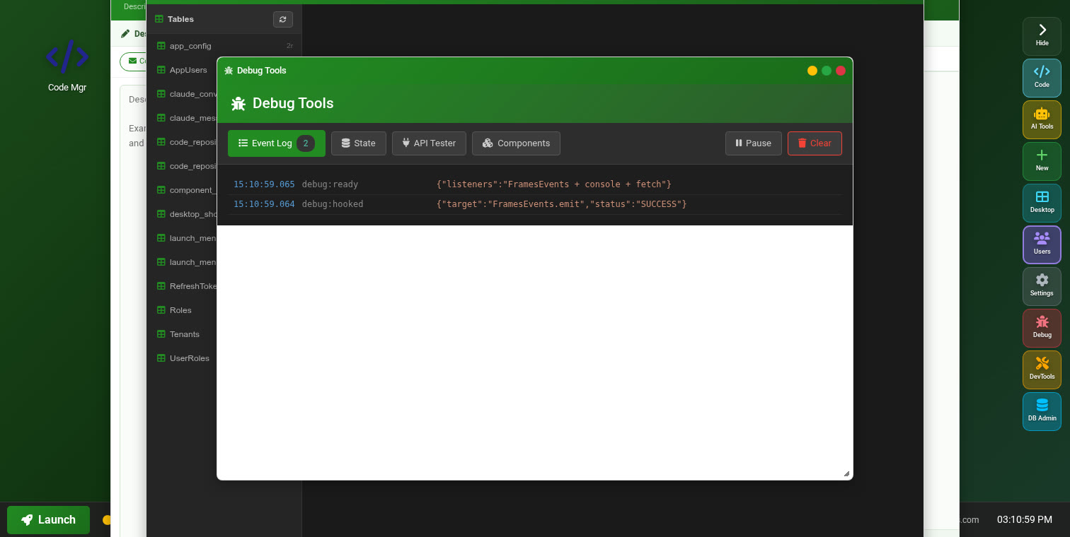 Debug Tools with Event Log showing real-time events, State Inspector, API Tester