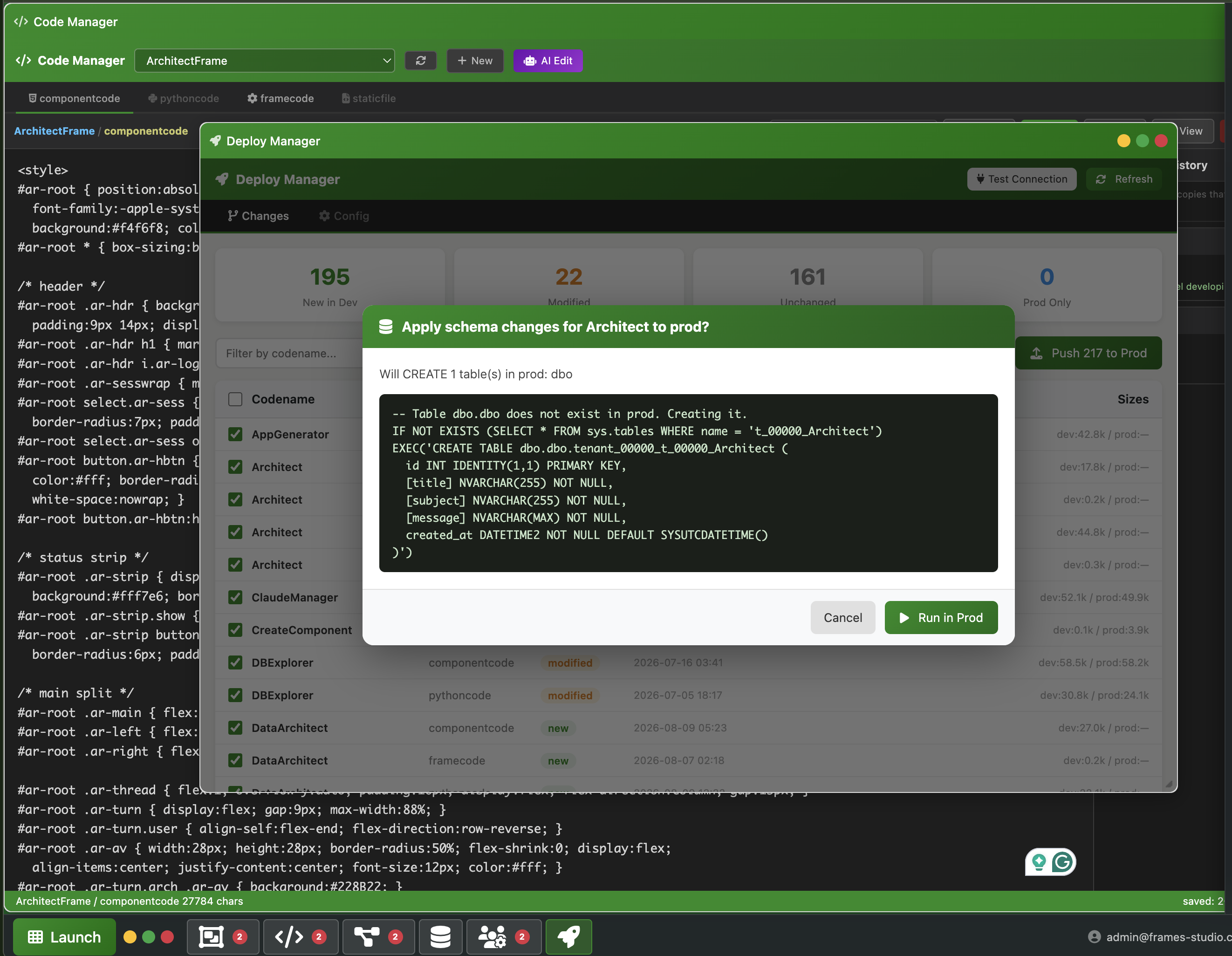 Deploy Manager showing dev-vs-prod diff (195 New in Dev, 22 Modified, 161 Unchanged, 0 Prod Only), a schema-change confirmation modal with a CREATE TABLE DDL preview for a new dbo.tenant_00000_t_00000_Architect table, and a Run in Prod button
