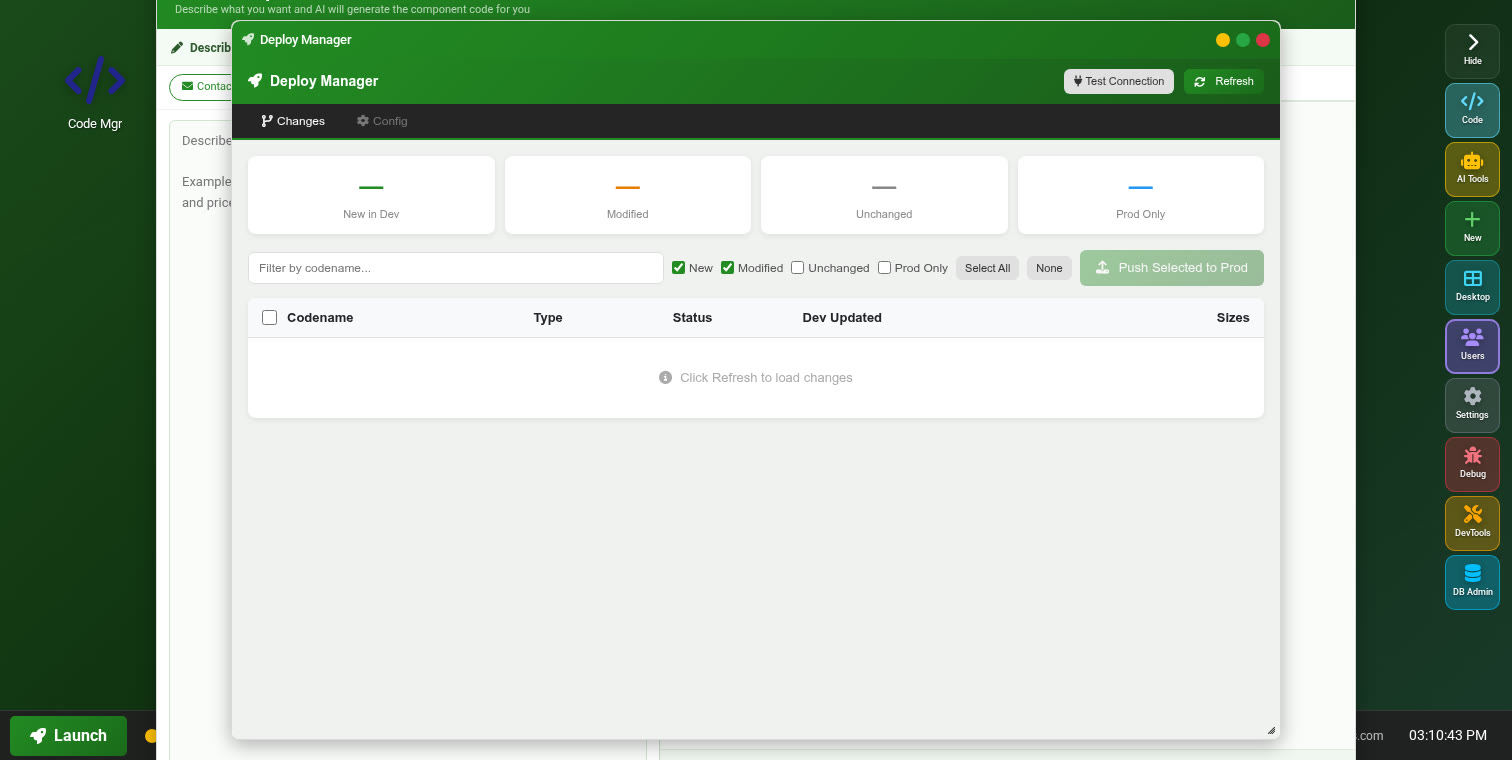 Deploy Manager showing changes between dev and production