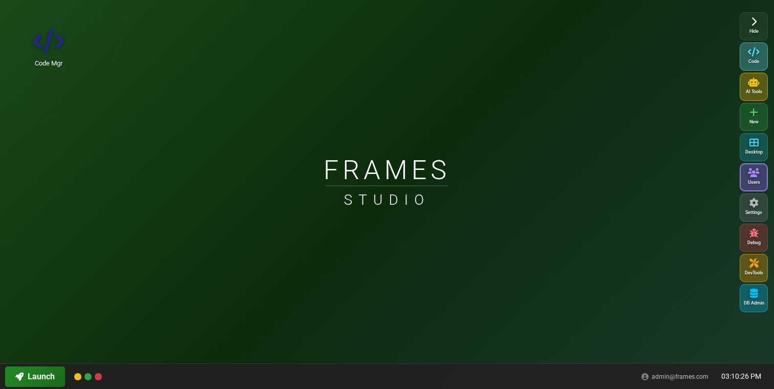 Frames Studio desktop environment showing OS-like interface with taskbar, sidebar icons, and FRAMES STUDIO logo