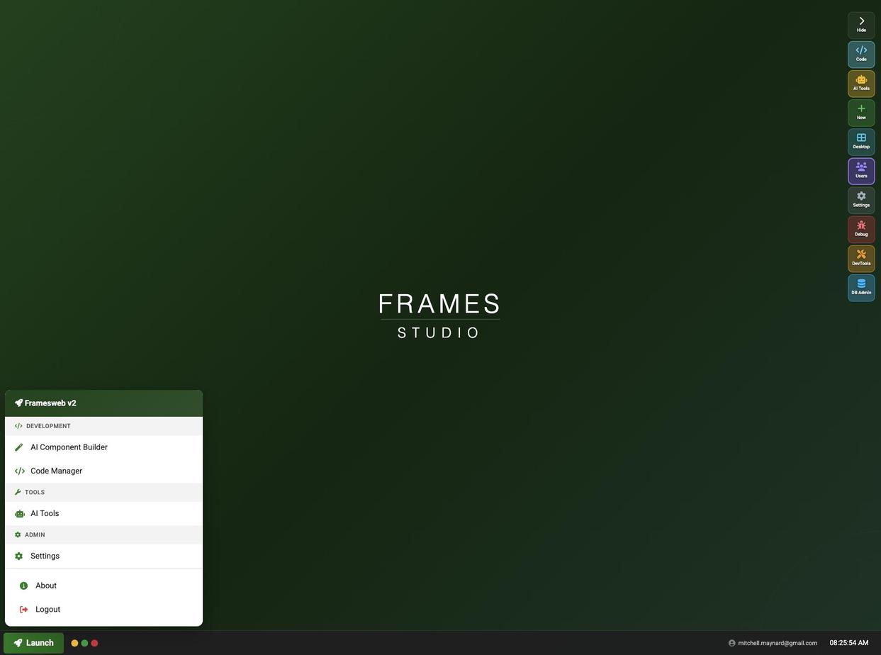 Frames Studio desktop home with the Launch Menu and side dock visible