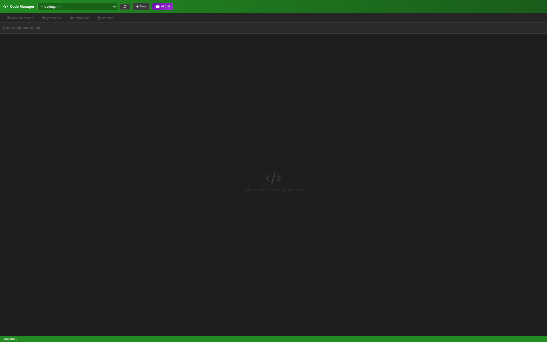 The Code Manager with codename selector and code editor
