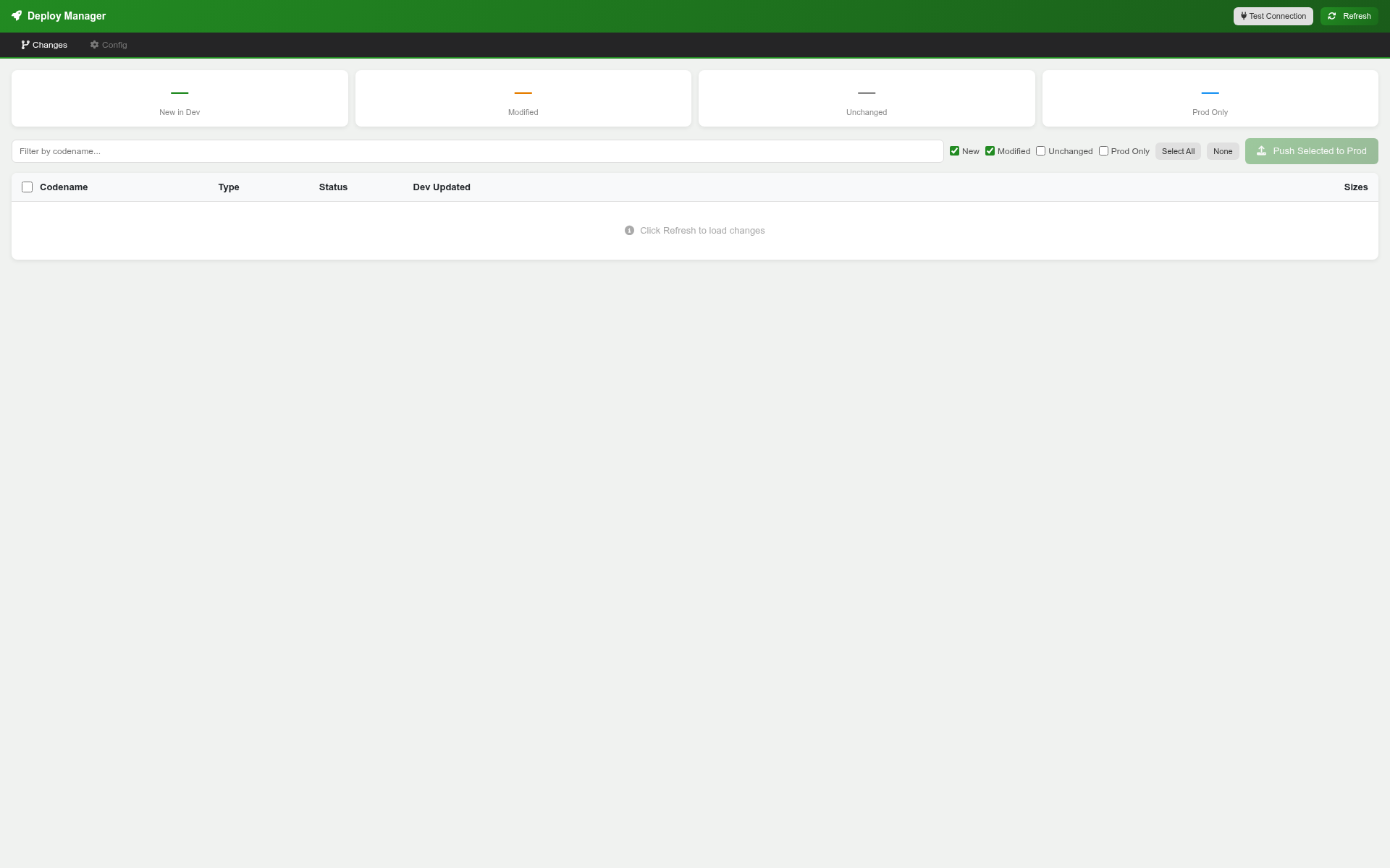 The Deploy Manager showing dev-to-prod promotion controls