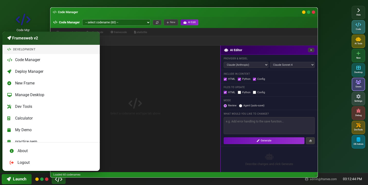 Launch menu showing development tools organized by category