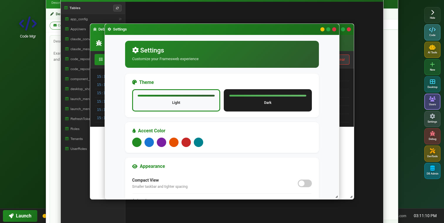 Settings panel showing light and dark theme options with accent colors