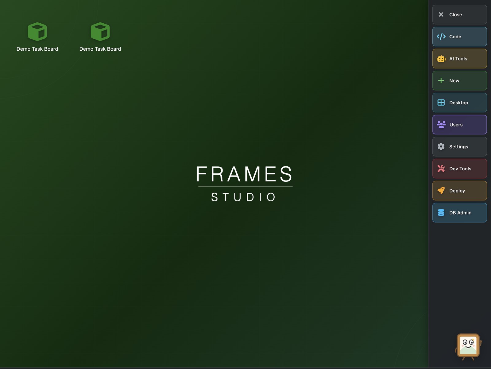 The Frames Studio desktop with Pip, a small picture-frame character, in the lower right beside the admin sidebar