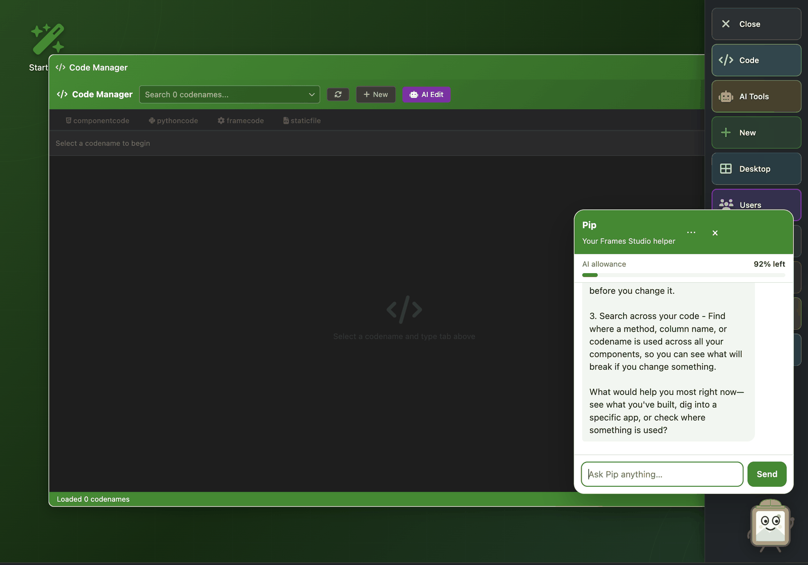 Pip's chat panel open over Code Manager, answering a question about what it can help with