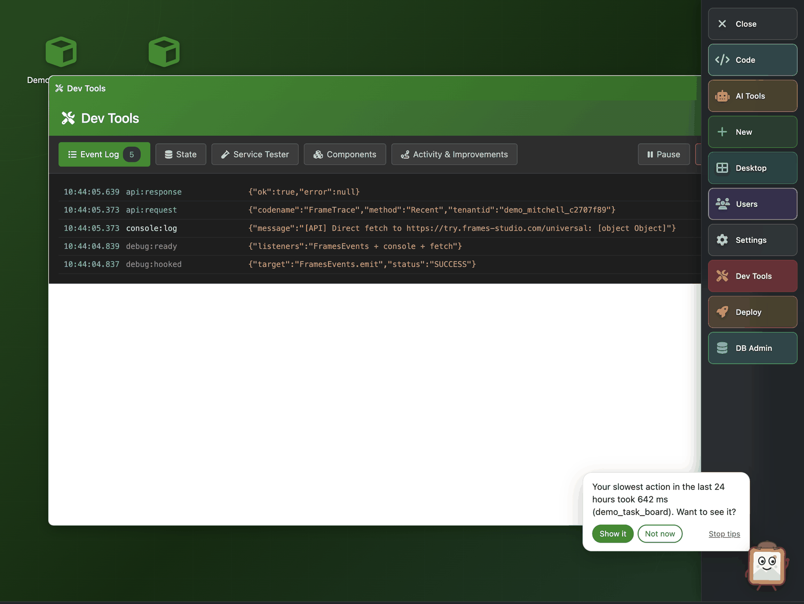 Dev Tools open with the Event Log, and Pip in a deerstalker naming the slowest recent action