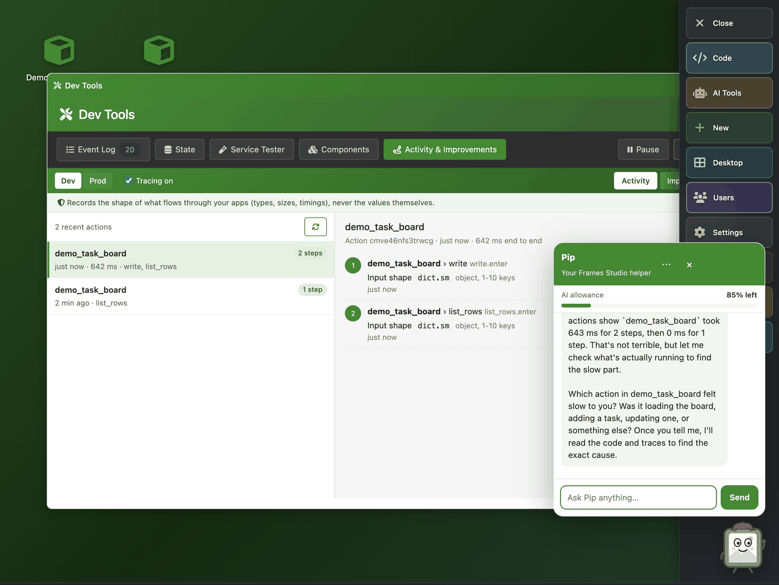 Pip's chat panel open over Dev Tools, answering why an action is slow by reading the traces
