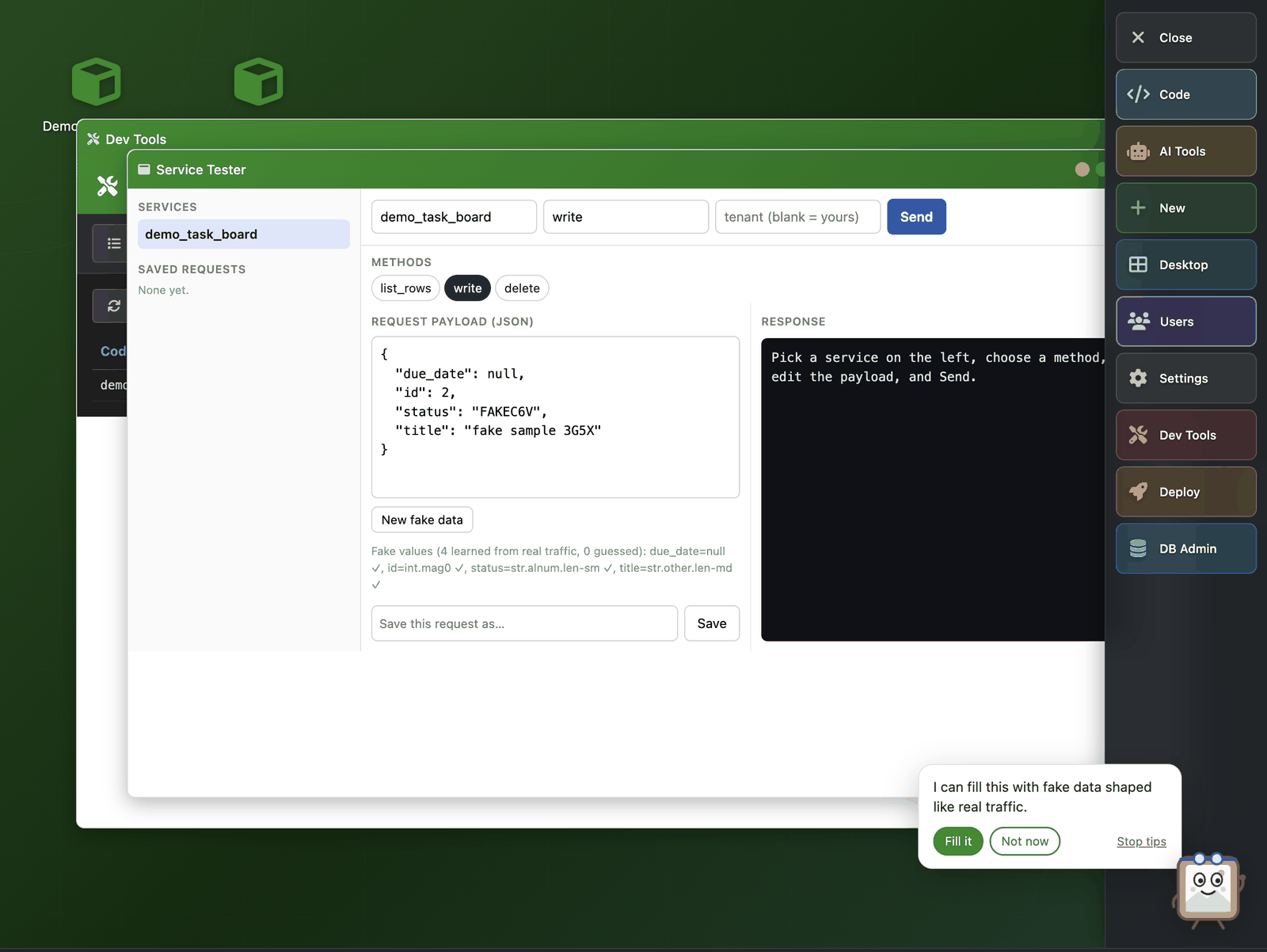 The Service Tester with a service and write method selected, a payload of fake values, and Pip in goggles offering to fill it
