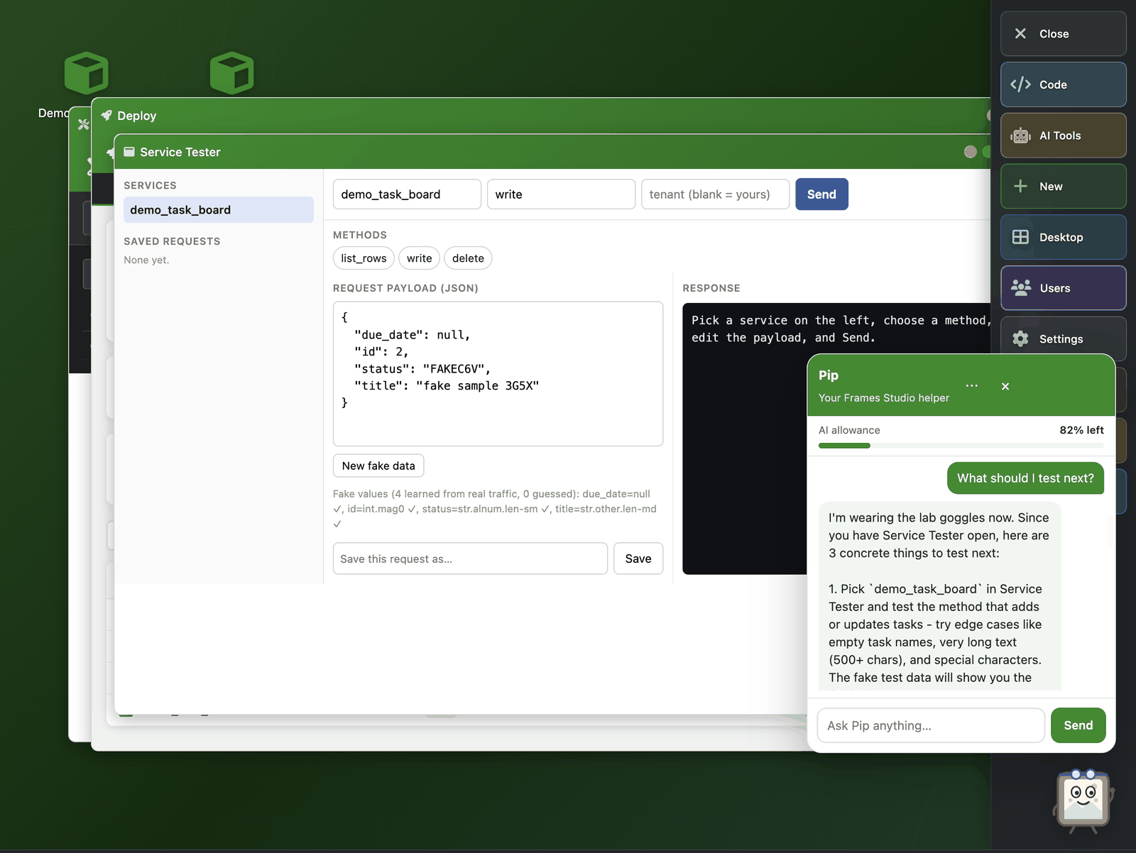 Pip's chat panel open over the Service Tester, listing what to test next