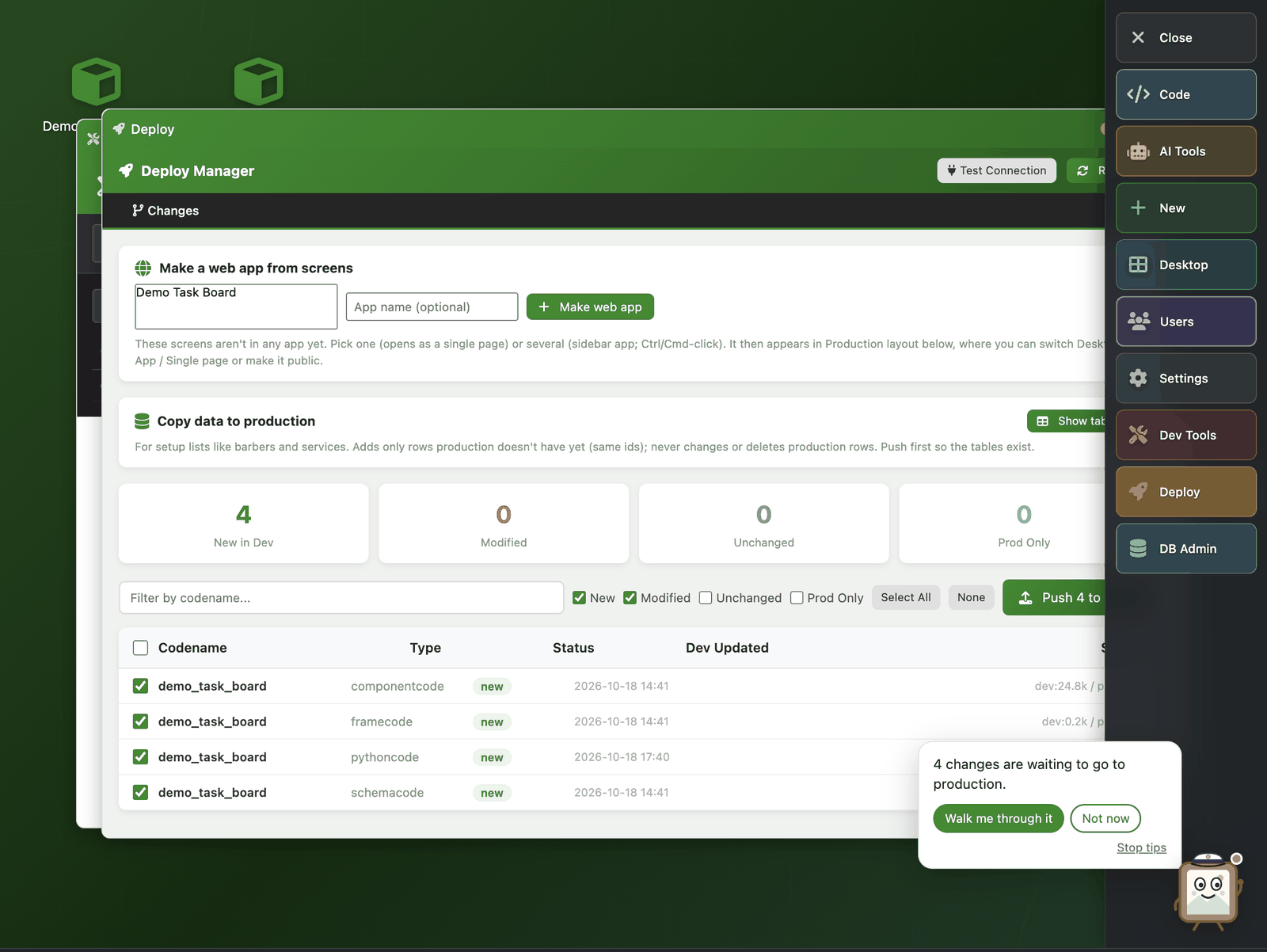 The Deploy Manager showing four new changes in dev, and Pip in a captain's cap counting them